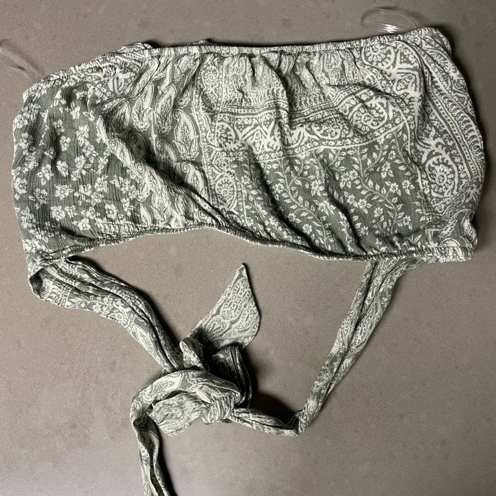 Sage Green patterned bandeau top with tie in the back